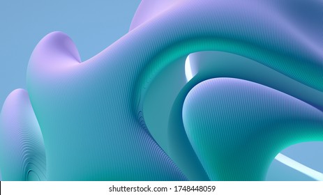 3d render of abstract art 3d background with surreal hills dunes or mountains in spherical round curve forms with curve lines pattern on surface in blue purple white azure and green gradient color