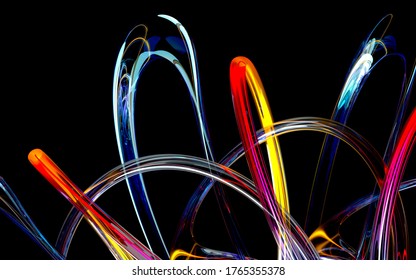 3d render of abstract art 3d background based on curve wavy lines organic bio forms tubes or pipes in black matte metal and glass material with neon glowing treads inside in red blue and purple color