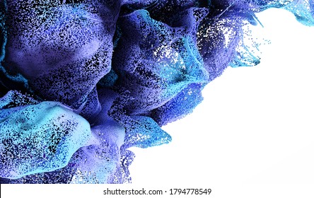 3d render of abstract art 3d background of surreal wavy color smoke fire splash in motion, based on small metallic balls particles in blue purple and white gradient color on isolated white background