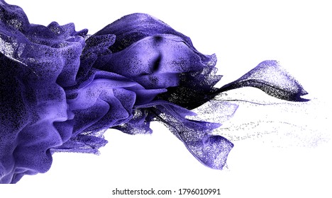 3d Render Of Abstract Art 3d Background Of Surreal Wavy Color Smoke Fire Splash In Motion, Based On Small Metallic Balls Particles In Purple And Black Gradient Color On Isolated White Background