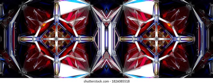 3d Render Abstract Art 3d Background With Part Of Surreal Technology Fractal Alien Mechanism Based On Pyramids And Sphere Geometry Figures With Wire Structure In Red Yellow Blue Translucent Plastic