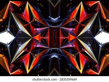 3d render of abstract art 3d background  with part of alien fractal symmetry kaleidoscopic cyber crystal mystic mechanism based on triangle pattern in red and orange gradient color 
