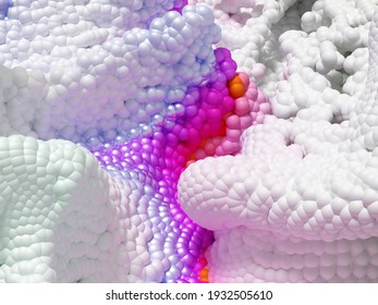 3d render of abstract art 3d background with part of surreal scatter sand dunes landscape based on small and big foam balls particles in pink and white gradient color on surface in plastic material