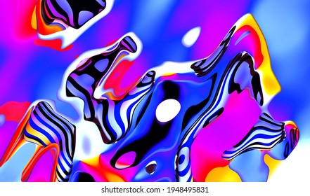 3d Render Of Abstract Art 3d Background With Surreal Liquid Substance In Curve Round Smooth Wavy Biological Organic Lines Forms Painted In Blue Black Yellow And Purple Acrylic Color