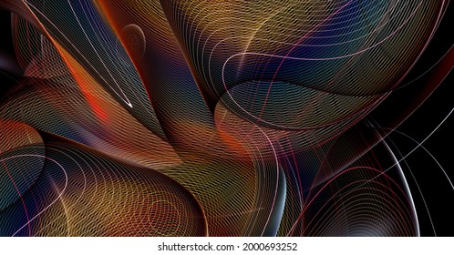 3d render of abstract art 3d background in curve wavy biological lines forms in matte transparent dark glass material with parallel round stripes on surface in dark brown and blue gradient color