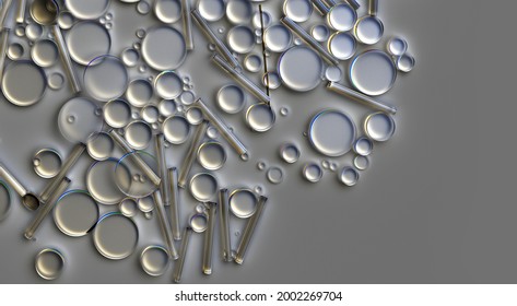 3d Render Of Abstract Art 3d Background With Surreal Small And Big Geometry Figures Particles As Tubes Sticks Spheres Circles In Glass Material On Grey Background