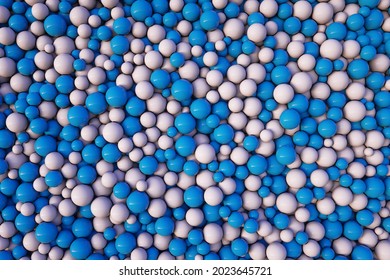 3d render of abstract art 3d background based on white and light blue round circle small and big glass balls or spheres. Creative bubbles background