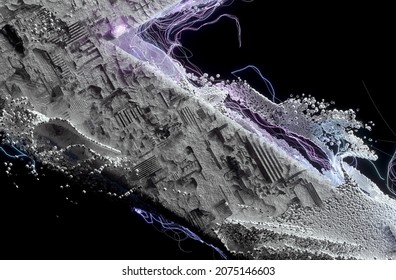 3d Render Of Abstract Art 3d Background With Part Futuristic Concrete Building Construction With Cyber Pattern On Surface In Grey Color With Liquid Splashes Around Based On Small Balls Particles 