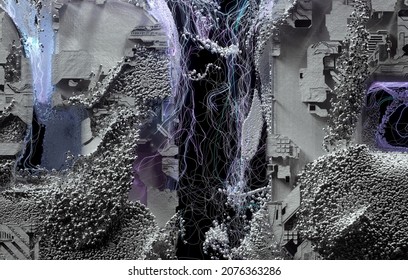 3d Render Of Abstract Art 3d Background With Part Futuristic Concrete Building Construction With Cyber Pattern On Surface In Grey Color With Liquid Splashes Around Based On Small Balls Particles 