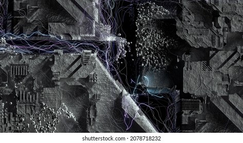 3d Render Of Abstract Art 3d Background With Part Futuristic Concrete Building Construction With Cyber Pattern On Surface In Grey Color With Liquid Splashes Around Based On Small Balls Particles 