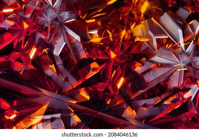 抽象的アートの3D背景に3Dレンダリング。超現実的なルビーの宝石の結晶の一部と、紫とオレンジ色の被写界深度効果を持つフラクタル三角形構造のプリズム反射を持つ。のイラスト素材