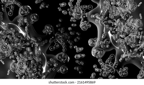 3d Render Of Abstract Art 3d Background With Part Surreal Black And White Monochrome Alien Flower Based On Small Meta Balls Particles In Fractal Symmetry Structure In Rotation Transformation Process 