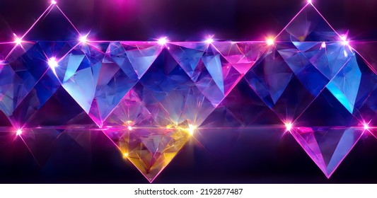 3d render of abstract art background with parts of surreal mystic fantasy crystal diamond with sparkling lights and reflections in neon glowing purple blue and yellow gradient color in triangle shape
