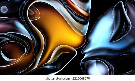 3d Render Of Abstract Art 3d Background With Part Of Surreal Alien Flower In Curve Wavy Round And Spherical Lines Forms In Transparent Plastic Material With Glowing Purple Blue And Orange Color Core 