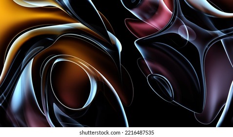 3d Render Of Abstract Art 3d Background With Part Of Surreal Alien Flower In Curve Wavy Round And Spherical Lines Forms In Transparent Plastic Material With Glowing Purple Blue And Orange Color Core 