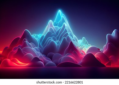 3d render abstract art 3d background surreal landscape and big fantasy magic mountains and neon glowing blue purple   red gradient color light inside