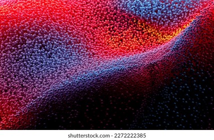 3d render of abstract art 3d background with surreal motion moving festive wavy party balls sphere particles liquid substance in blue purple yellow gradient color