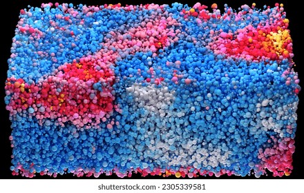 3d render of abstract art 3d background with surreal motion moving festive wavy party balls sphere particles liquid substance in blue purple yellow gradient color in rectangle shape