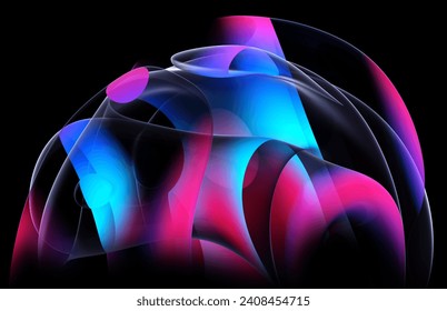 3d render abstract art 3d background part surreal alien flower in curve wavy round and spherical lines forms in transparent fluorescent plastic material with glowing pink blue and purple color inside