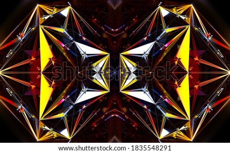 3d render of abstract art 3d background  with part of alien fractal symmetry kaleidoscopic cyber crystal mystic mechanism based on triangle pattern in red and yellow gradient color 