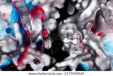 3d render of abstract art 3d background of surreal liquid splash substance in curve wavy organic lines forms with small balls drops around in plastic and glass material in blue and purple gradient