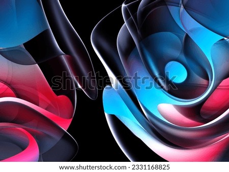 3d render abstract art 3d background with parts of surreal alien flowers in curve wavy round and spherical lines forms in transparent plastic material with glowing blue white and red color core