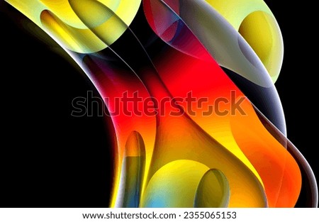 3d render abstract art 3d background with part of surreal 3d alien flower in curve wavy round and spherical lines forms in transparent plastic material with glowing red blue and yellow color inside