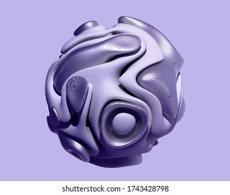 3d render abstract art 3d ball sphere in organic curve round wavy smooth   soft bio forms and lines patten metallic surface in purple color and white ceramic parts violet background