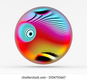 3d render of abstract art 3d ball sphere or bubble with organic substance inside in curve round wavy organic biological forms in pink yellow and blue gradient with black parallel stripes on surface