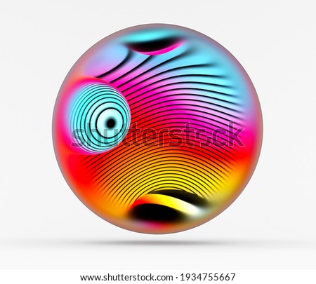 3d render of abstract art 3d ball sphere or bubble with organic substance inside in curve round wavy organic biological forms in pink yellow and blue gradient with black parallel stripes on surface