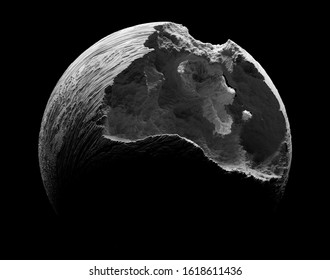 3d render of abstract art black and white damaged 3d planet earth , moon or asteroid in spherical shape with big hole in organic rough patter on surface in outer space