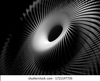 3d render of abstract art black and white industrial 3d background with part of surreal turbine jet engine with sharp aluminium metal blades and black hole in the centre, with depth of field effect