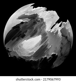 3d Render Of Abstract Art Black And White Damaged 3d Ball Planet Earth , Moon Or Asteroid In Spherical Shape With Big Crack In Organic Rough Shape On Surface On Isolated Black Background