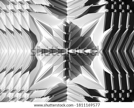 3d render of abstract art black and white monochrome 3d background with part of surreal alien fractal cyber flower based on triangle symmetry pattern on surface in white plastic material