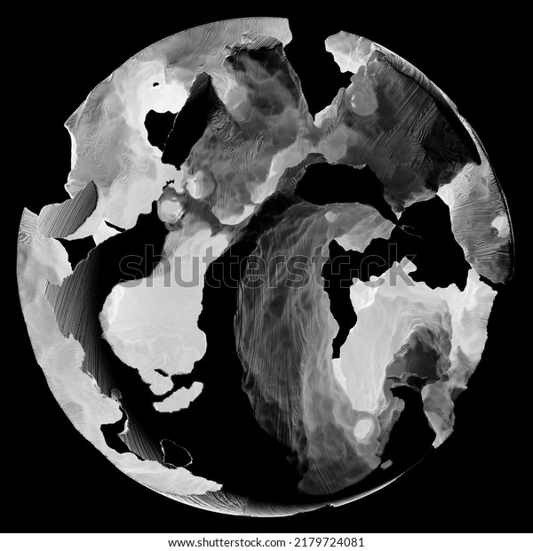 3d\
render of abstract art black and white damaged 3d ball planet earth\
, moon or asteroid in spherical shape with big crack in organic\
rough shape on surface on isolated black\
background
