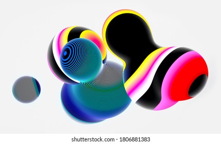 3d render of abstract art of composition with surreal flying meta balls spheres bubbles or festive party balloons with black parallel lines pattern on surface with neon glowing pink and blue light