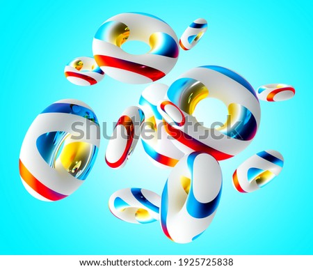 3d render of abstract art composition with flying surreal rings donuts or marsh-mellow in round soft forms in white matte plastic with metal stripes on surface in rainbow gradient color on blue back
