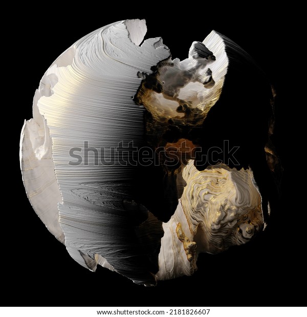 3d render of abstract art damaged 3d ball\
planet earth , moon or asteroid in spherical shape with big cracks\
in organic rough shape on surface with gold parts on isolated black\
background
