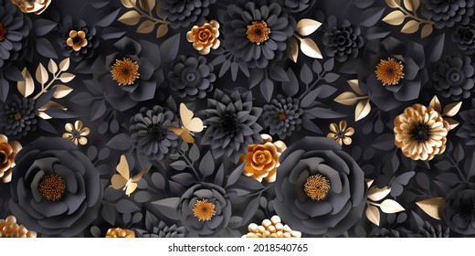3d Render, Abstract Art Deco Background With Black And Gold Paper Flowers And Leaves, Floral Botanical Wallpaper