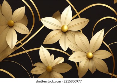 3d Render, Abstract Art Deco Background With Black And Gold Paper Flowers And Leaves, Floral Botanical Wallpaper. 3D Illustration