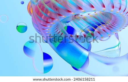 3d render of abstract art with flying surreal ring tours circles in deformation process with meta balls around with colorful rainbow stripes gradient n surface  in transparent plastic