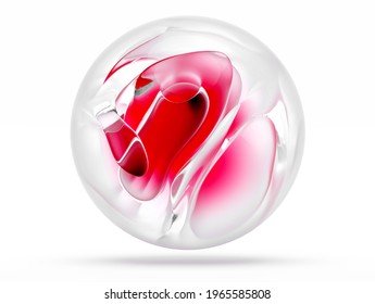 3d Render Of Abstract Art With 3d Glass Ball Sphere With Liquid Substance Inside In Organic Curve Round Wavy Smooth Biological Lines Forms In Matte Finish Glass Material With Red Core On White Back