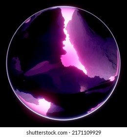 3d Render Of Abstract Art 3d Glass Ball Or Sphere Planet With Rough Rock Surface Inside With Big Crack In The Middle With Glowing Neon Purple And Hot Pink Light Inside On Isolated Black Background 