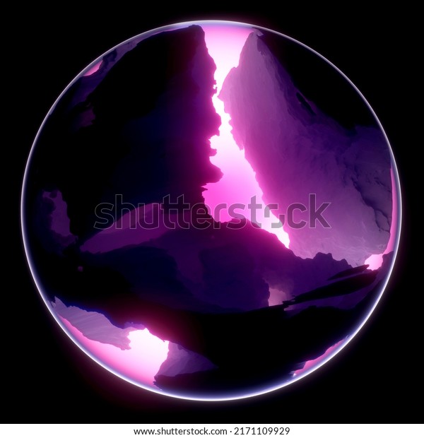 3d render of abstract art 3d glass ball or sphere planet\
with rough rock surface inside with big crack in the middle with\
glowing neon purple and hot pink light inside on isolated black\
background 