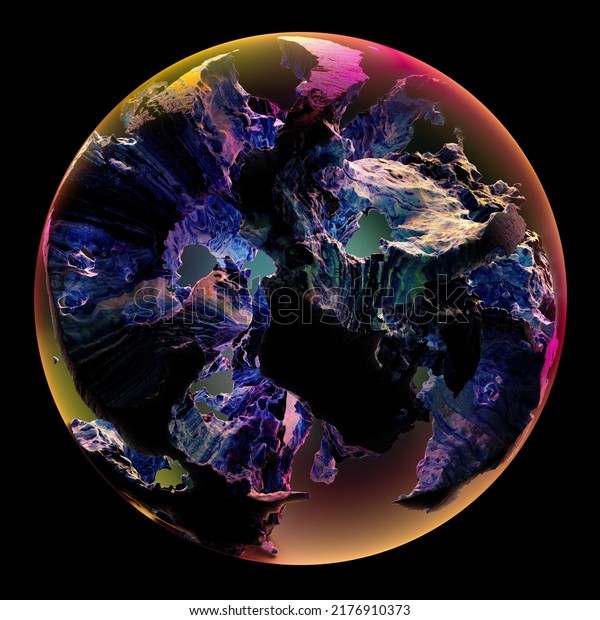 3d render of abstract art 3d glass ball or sphere planet\
with rough damaged and scratched rock surface with big cracks with\
glowing purple and yellow light inside on isolated black background\
