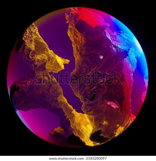 3d render of abstract art 3d glass ball or sphere planet\
with rough rock surface inside with big crack in the middle with\
glowing neon purple blue and yellow light inside on isolated black\
background 