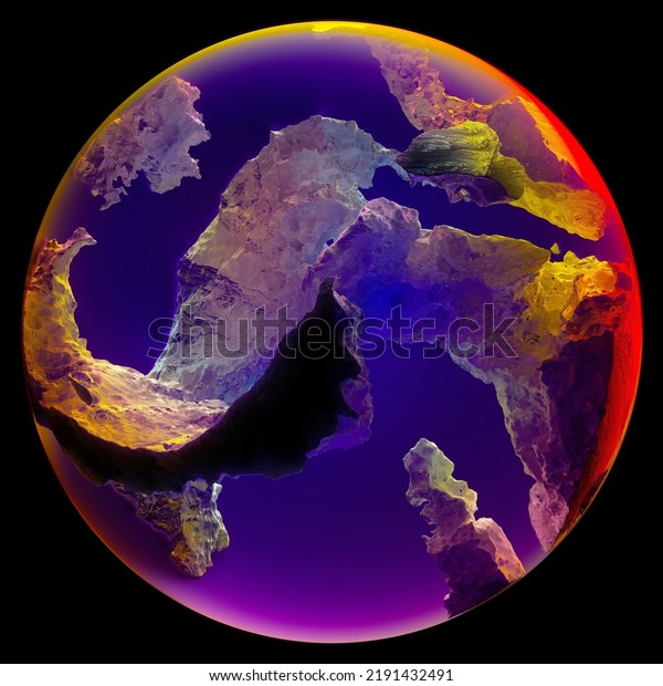 3d render of abstract art 3d glass ball or sphere planet\
with rough rock surface inside with big crack in the middle with\
glowing neon purple red and yellow light inside on isolated black\
background 