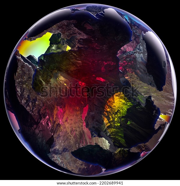3d render of abstract art 3d glass ball or\
sphere planet with translucent rough rock surface with big cracks\
in the middle with glowing mystic yellow purple green blue light\
inside on black\
background