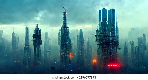 3d Render Abstract Art Illustration With Surreal Cyber Punk Industrial Urban City Landscape With Super High Told Skyscrapers With Neon Red Glowing Lights In With Blue Azure Clouds 