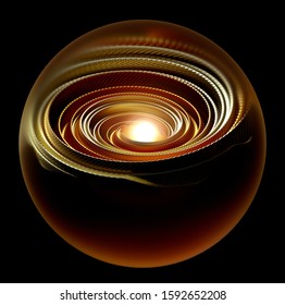 3d Render Of Abstract Art Of Industrial 3d Glass Ball With Metal Swirl Twisted Mechanism Inside Based On Sharp Blades With Small Glowing Yellow Sun Light In The Centre As Core, On Black Background